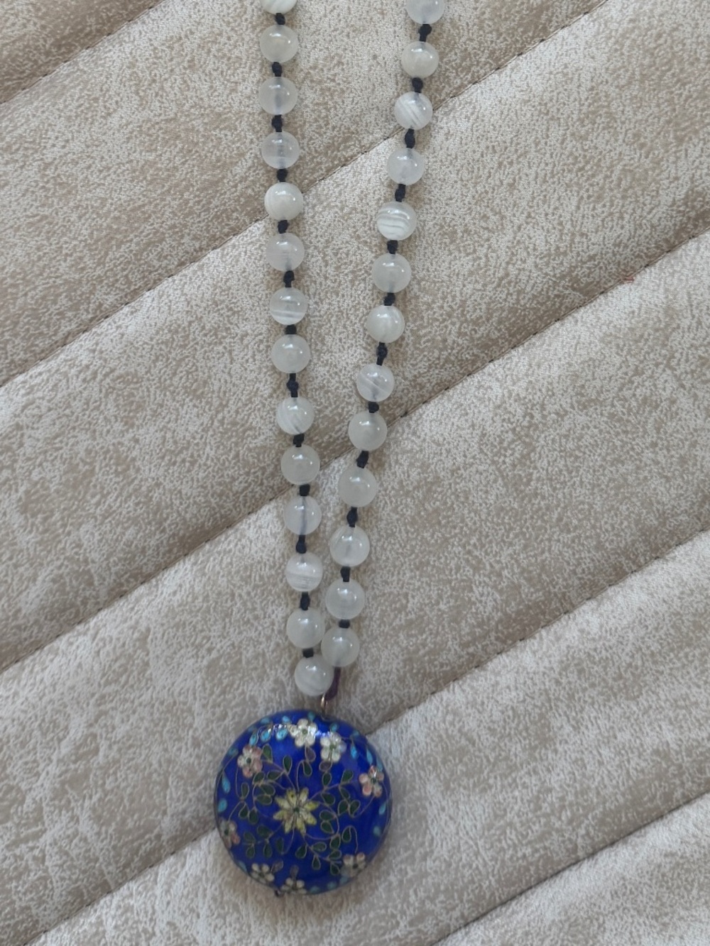 Vintage Cobalt Blue Cloisonne Floral Pendant Hand Knotted Sea Glass Necklace